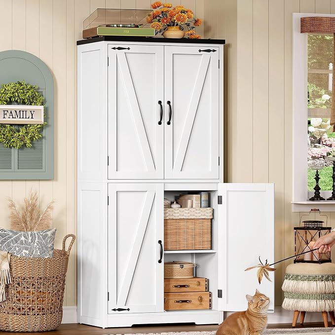 58" H Storage Cabinet,Farmhouse Kitchen Pantry Cabinet with 4 Doors | Bathroom Cabinet with Adjustable Shelf, Cupboard for Kitchen, Bathroom, Living Room, White