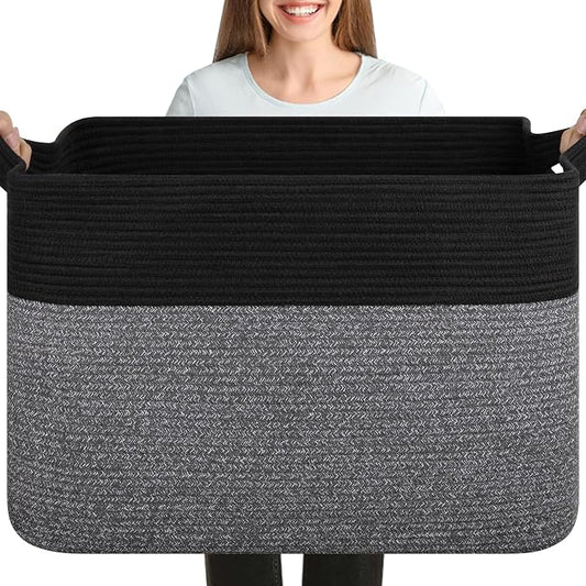 OIASKET 108L Cotton Rope Storage Basket for Living Room and Bedroom 25"x16"x16" Woven Laundry Basket, Heavy Duty Bin for Blankets, Pillows & Toys, Pet-Safe & Scratch-Free, Black