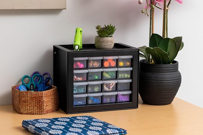 IRIS USA 16-Drawer Small Drawer Organizer, Garage Desk Storage, Black | Wall mountable, Stackable Teacher Toolbox, Beads, Building Bricks, Water Packets, Screws, Hardware