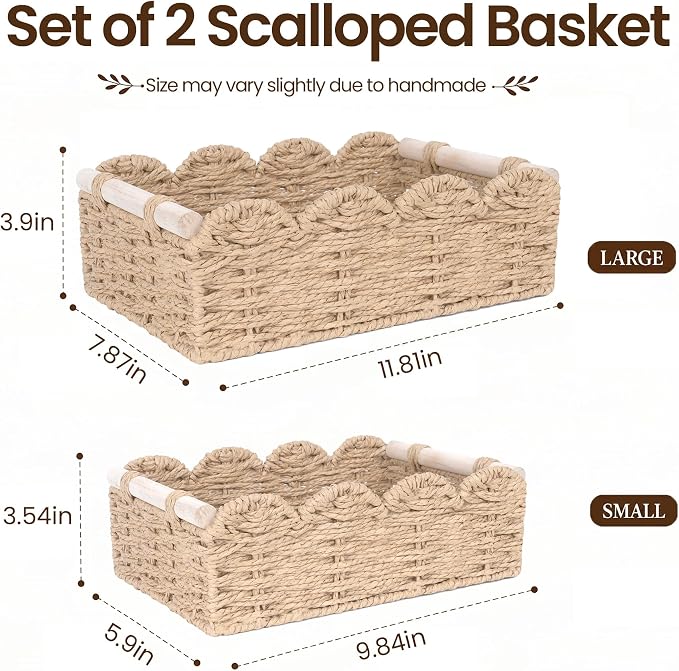 iEGrow Paper Rope Small Storage Baskets for Organizing, Set of 2 Scalloped Edge Wicker Basket with Wooden Handles Toilet Paper Basket for Over Toilet Storage Shelf, Home Decor, Living Room (Beige)