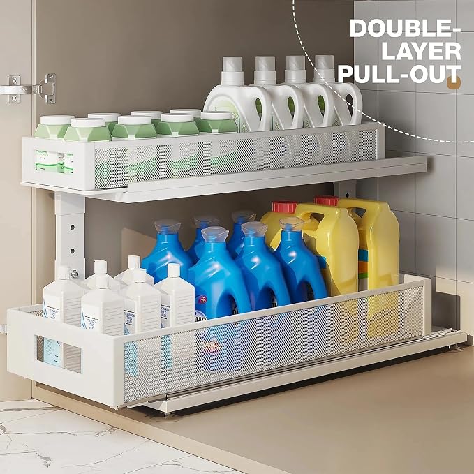 2 Pack 21.3IN-Depth Under Sink Organizer With Next-Gen Ball-Bearing Slides,2-Tier Pull Out Cabinet Storage,Height Adjustable Drawer Shelf for Bathroom,Kitchen,Laundry,Cabinet,Pantry-White