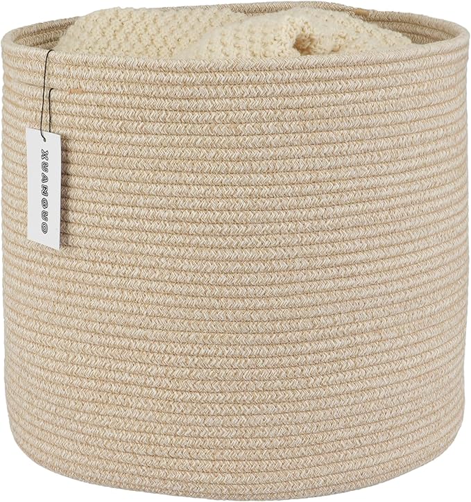 XUANGUO Cotton Rope Basket For Girls Boys Kids 16”X14” | Baby Laundry Baskets, Blanket Basket, Nursery Bin; Round Woven Basket Organizer for Toy Storage, Blankets, Shoes and Clothes