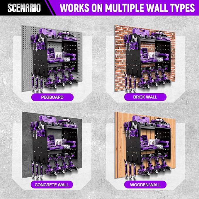 Power Tool Organizer Wall Mount,Power Drill Tool Holder | 200lb Heavy Duty Tool Shelf,4 Tier Cordless Tool Organizerwith 4 Drill Holders & 3 Divider Panels,Black
