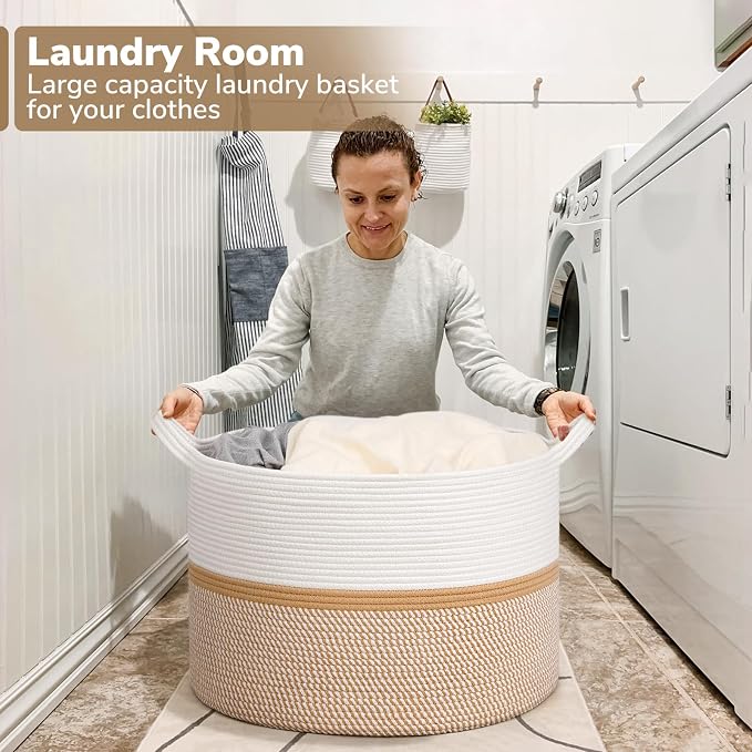 CHICVITA XXL Cotton Rope Woven Blanket Basket with Handles, White & Brown | Home decor storage basket for laundry, baby nursery, toys. Decorative toy bin, 22x22x14in