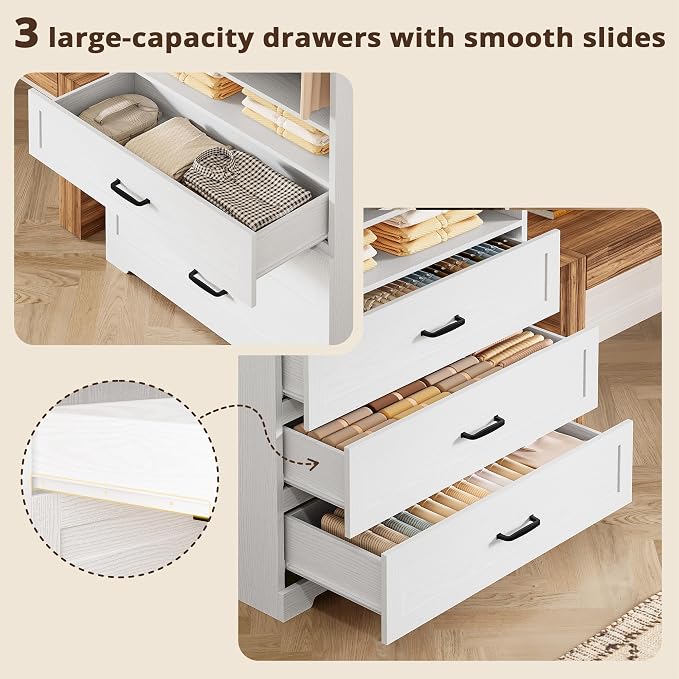 IRONCK Freestanding Closet System with Adjustable Shelves & 3 Drawers | Closet Organizer with Hanging Rod, Ideal for Bedrooms, Apartments and Small Closet Storage