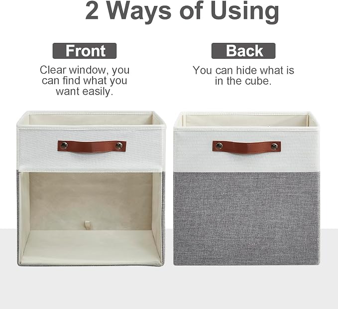 Storage Cubes, 4 Pack Linen Foldable Storage Bins with Clear Window and 2 Handles, 13x15x13 Storage Cube Bins for Shelf Closet, Kallax, Clothes, Books - (Gray / Off-White)