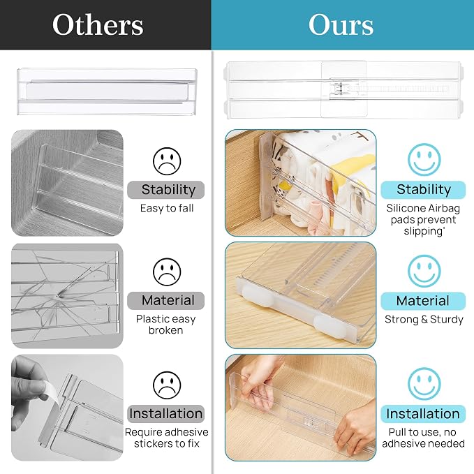 Vtopmart 4 Pack Drawer Dividers for Clothes, 4" High 13"-22" Adjustable Expandable Dresser Drawer Organizer, Clear Plastic Separators for Dresser, Baby Clothing, Underwear, Cosmetic, Toiletries