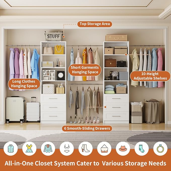 Closet System with 6 Drawers, 5-14FT Custom Closet Organizer System with 8 Expandable Hanging Rods&Adjustable Shelves, Modular Wood Closet Systems Tower for Walk in Closet Storage, 2 Sets, White