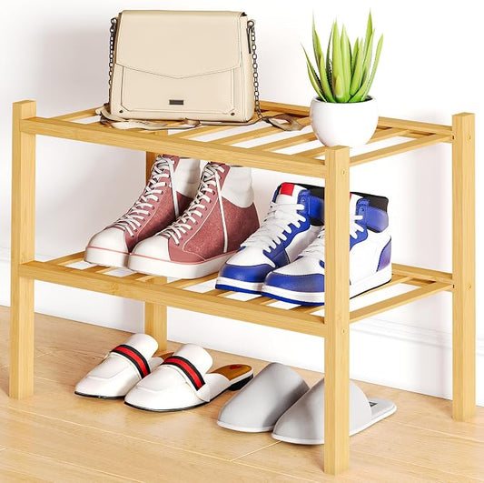 Smiry Bamboo Shoe Rack, 12 Vertical Slats, 2 Tier - 17.3" Wide, Natural | Stackable Free Standing Wooden Shoe Organizer, Wood Shoe Storage Shelf for Closet, Entryway