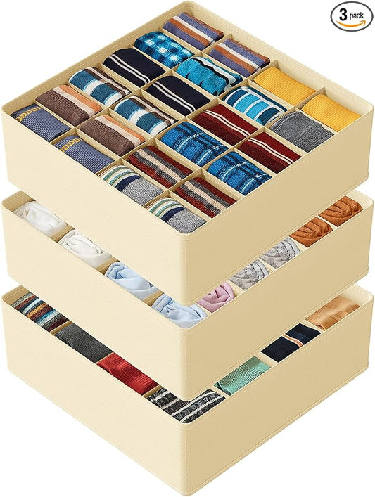 SpaceAid Sock Drawer Organizer Divider 3 Pack, 64 Cell Dresser Closet Nursery Underwear Organizers Storage Bins for Organizing Socks Underwear Ties Belts (Beige)