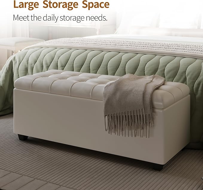 38" White Faux Leather Storage Ottoman Footrest Bench | Solid wood frame bench, 4-leg easy assembly. Use as end-of-bed, footrest, entryway seat. Hinged hidden storage, multi-use.