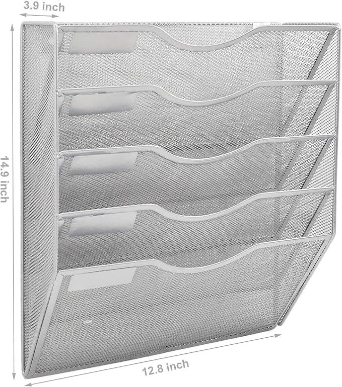 EASEPRES 5 Pocket Mesh Hanging Wall File Organizer, Wall Mounted Mail Paper Document Folder Holder, Clipboard Storage Organization Magazine Rack with Nametag Label for Office Home School, Silver