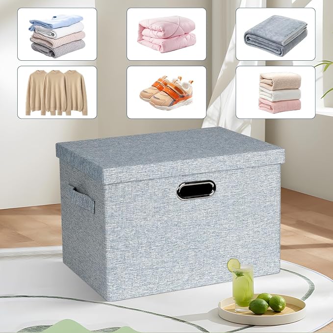 Storage Bins with Lids Fabric Closet Organizers Cubes Office Organization | 36 Quart 3 Pack Blue-Grey Collapsible Stackable Linen Fabric 4 Handles Bedroom Closet Cabinet Under Bed Clothes Toy Office
