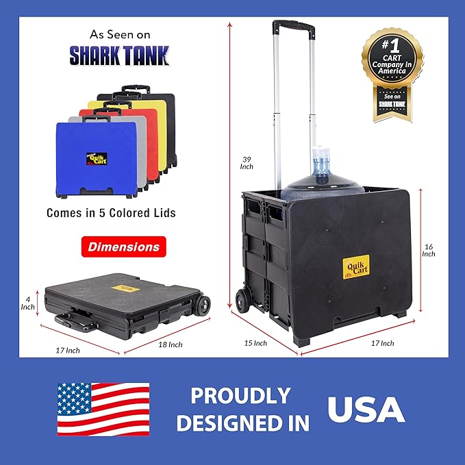dbest Products Quik Cart Standard Collapsible Rolling Crate - Black | with Wheels, Roll Up to 80 lbs Capacity, Heavy Duty Plastic Construction, Telescoping Handle, Foldable Utility Cart