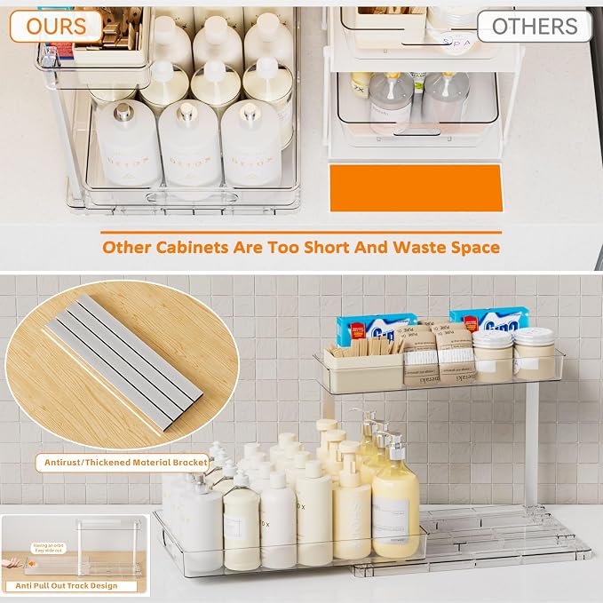2 Pack 14.6″ Deep Pull Out Under Sink Organizer,10.8″ High 2 Tier Slide Out Cabinet Organizer for Kitchen Cabinet,Undersink Organizers,Under Sink Shelves,Bathroom Organizers and Storage,Clear