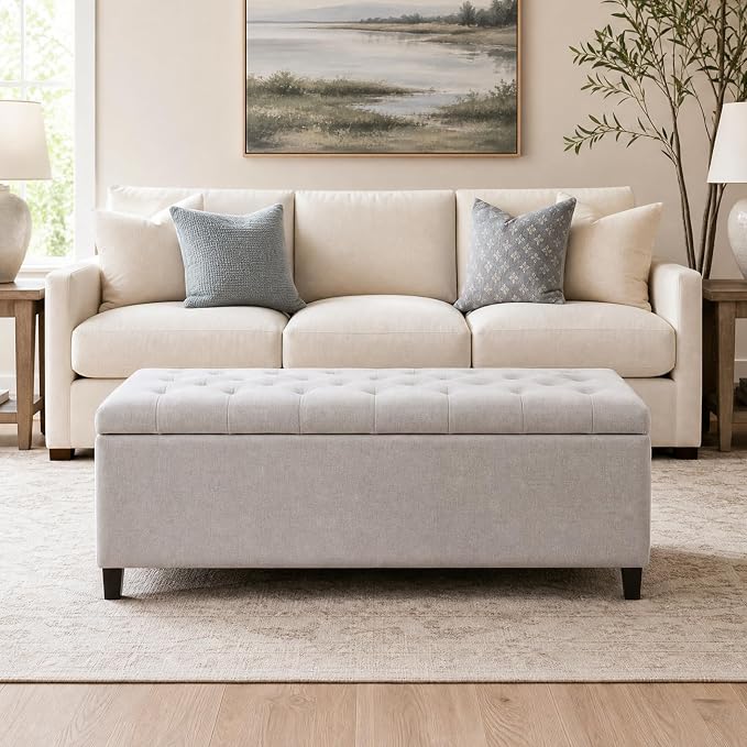 Madison Park 49" Upholstered Storage Bench, Button Tufted End of Bed Bench with Storage, Dual Spring Soft-Close Lid, Bedroom Bench for Queen King Bed, Entryway Living Room, Natural