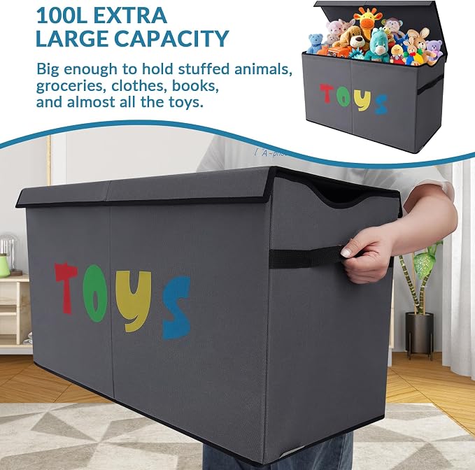 YOLOXO Toy Box Chest, Collapsible Sturdy Storage Bins with Lids, Extra Large Kids Toy Storage Organizer Boxes Bins Baskets for Kids, Boys, Girls, Nursery Room, Playroom, Closet (A-TBX-GRAY-MULTI)