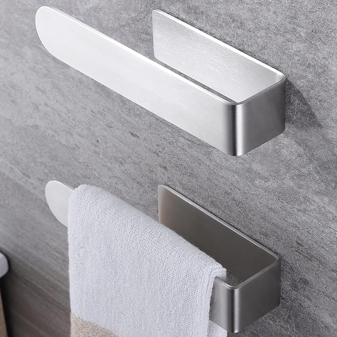 Taozun Adhesive Towel Bar Stainless Steel Hand Towel Holder 2 Pack Silver | Towel Rack, Easy to Install, No Drilling, Sturdy, Holds Well, Space Saver, for Bathroom/Bath/Kitchen/RV, Stick on Smooth Wall