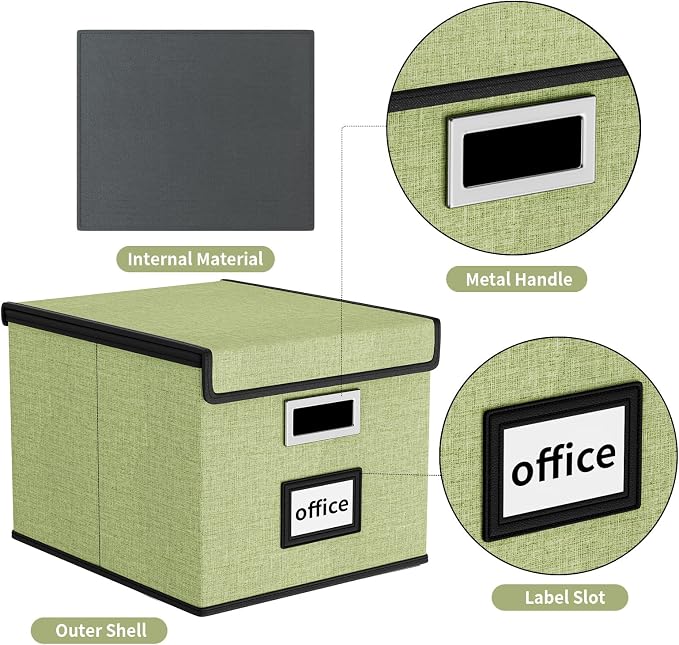 File Organizer Box with Lids, Collapsible File Folder Organizer | File Box with Plastic Slides for Office Document Storage, Filing Bin for Letter Size Hanging File Folders (1 Pack, Green)