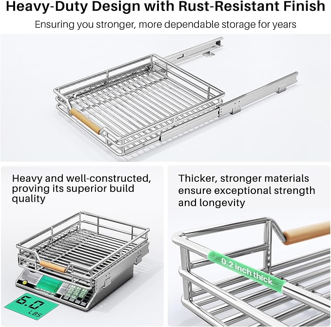 Pull out Cabinet Organizer, 12"W X 21"D, Heavy Duty Smooth Sliding Under Cabinet Shelves for Pots and Pans, Full-Extension Roll out Drawers, Slide out Organization for Home Kitchen Pantry