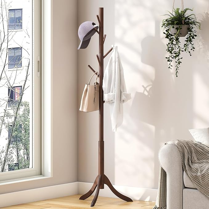 kiplant Bamboo Wood Coat Rack Stand, Freestanding Coat Tree with 8 Hooks, Hallway Entryway Hat Hanger Organizer Standing for Bedroom, Office, Clothes, Jackets, Bags, Umbrallas