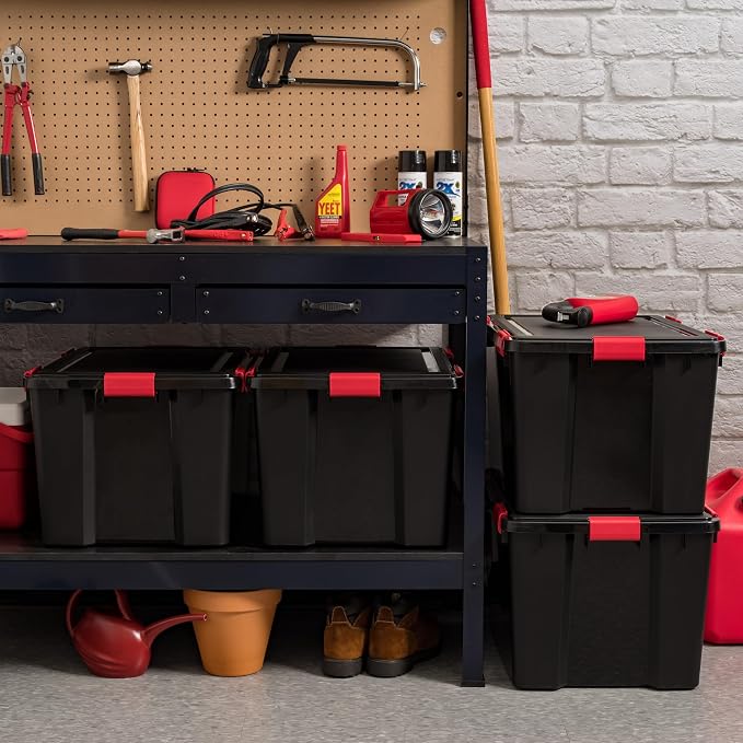 IRIS USA 3-Pack 74 Qt Storage Bins with Gasket Lids, Black/Red | WeatherPro seal helps protect bulky items for moving, garage, attic and basement storage