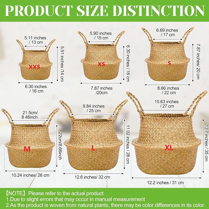 Qunclay 4 Pcs Woven Seagrass Baskets Belly Basket Folding Boho Natural Plant Pot with Handles Round Decorative Wicker Large Indoor Planter for Home Outdoor Tree Planters Decor (M,8.46''dx8.66''h)