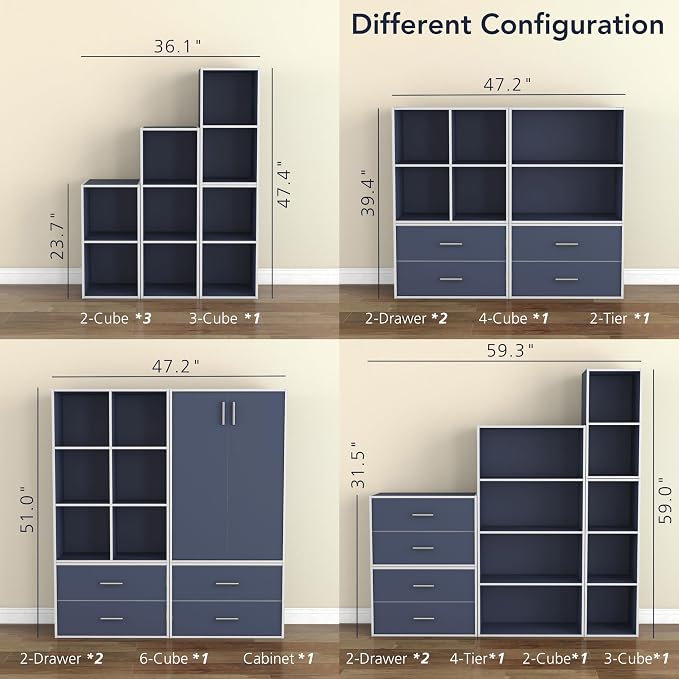 Homes: Inside + Out Apexa 6-Cube Storage Organizer Shelves, Stackable Wood Bookcase Fits Cubby Bins for Organization, Dorm Teen Room Decor & Home Office, Steel Blue