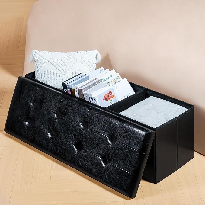 PINPLUS Folding Storage Ottoman Bench, Black Faux Leather Long Ottoman Chest, Footrest Seat, Blanket Storage for Living Room Bedroom Office Hallway, 43.3"x15"x15"