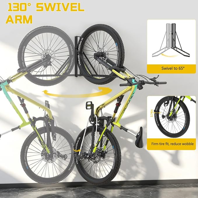 Swivel Bike Wall Mount, Bicycle Hangers for Garage, Space-Saving Vertical Bike Storage Rack, Sturdy Garage Bike Rack Holds Up to 77 lbs, Easy to Install-Black