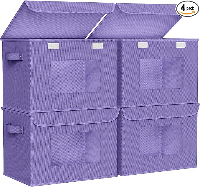 Univivi Fabric Foldable Storage Bins with Lids, 4 Pack, Purple | Stackable Closet Storage Bins, Fabric Closet Organizers and Storage with Lid & Clear Window for Home, Office, Bedroom