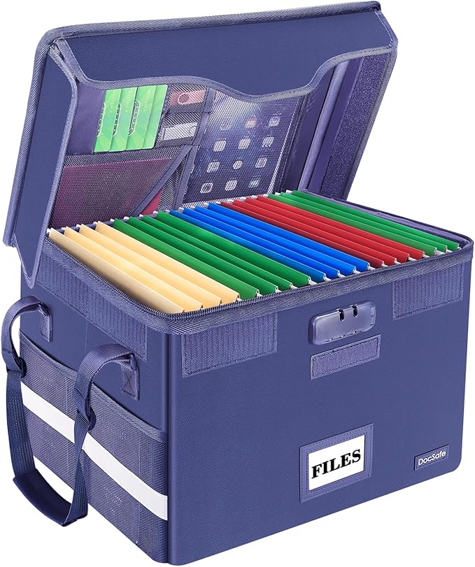 DocSafe Fireproof Document Box with Lock, File Storage Organizer with Mesh Pockets, Collapsible Portable File Box Home Office Safe Filing Cabinet with Handle for Hanging Letter/Legal Folder, Blue