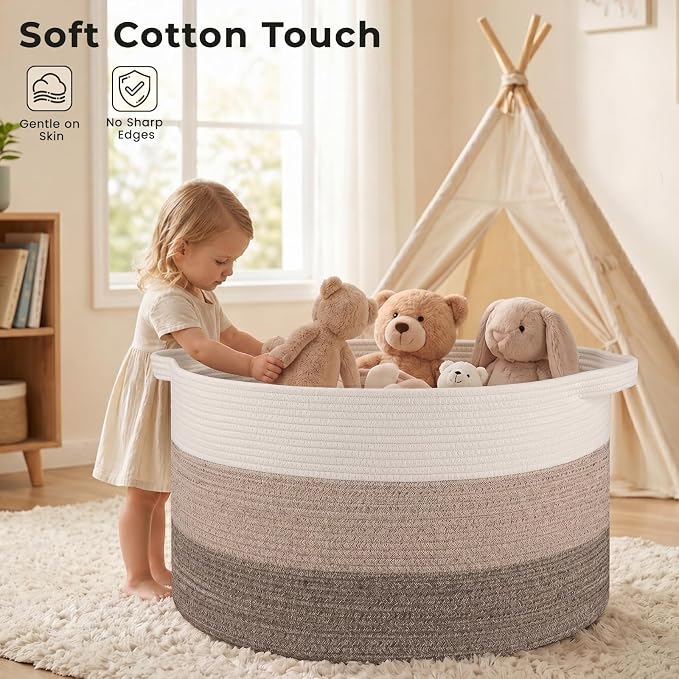 OIAHOMY 90L Extra Large Blanket Basket - Decorative Cotton Rope Storage Basket for Bedroom, Living Room & Nursery - Woven Laundry Hamper for Organizing Blankets, Clothes & Toys - Gradient Brown