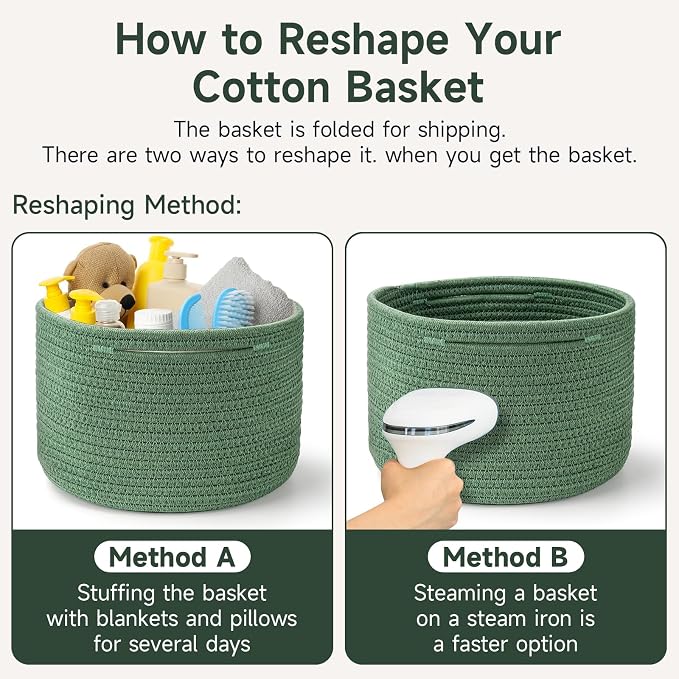 3 Pack Small Rope Storage Baskets, 9.82×9.82×7.1", Green | Cotton Basket for Gifts Empty, Cute Round Woven Basket, Decorative Shelf Basket Organizer, Organizing Basket for Shelves