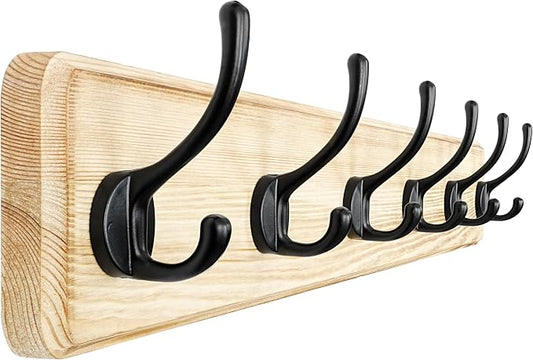 Coat Rack Wall: 24" Long, Patented, Heavy-Duty, 6-Double-Hooks Wooden Wall Mounted Coat Rack Coat Hanger Hook Rail for Winter Coats Hat Jacket Clothing, Light Brown