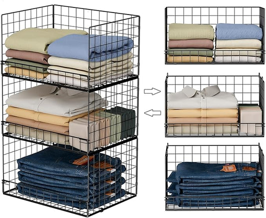 Yociyoga 3-Tier Stackable Closet Organizers and Storage Shelves, Foldable Closet Shelf Organizer, Stackable Storage Bins Drawers for Closet Organizer System, Black(Patent No. 30022416)