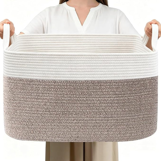 96L XXXLarge Woven Laundry Basket with Sturdy Handles - White/Brown | 24x16x15 Foldable Rectangular Blanket Basket for Toys, Clothes & Pillows,Ideal for Nursery, Bathroom, Bedroom, Living Room