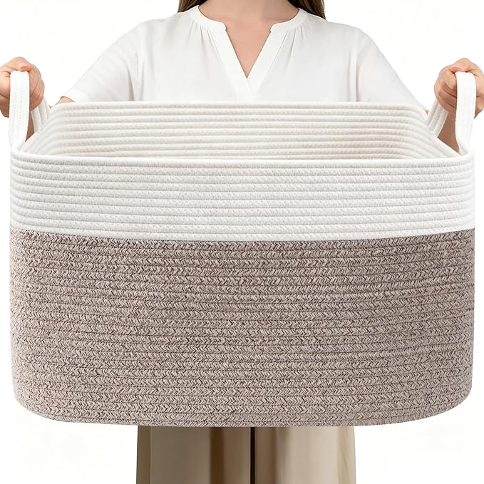 65L Collapsible Woven Rope Laundry Basket with Handles-White/Brown | 21x16x12 Foldable Rectangular Blanket Basket for Toys, Clothes & Pillows,Ideal for Nursery, Bathroom, Bedroom, Living Room