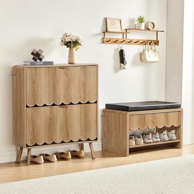 Shoe Storage Cabinet for Entryway with 2 Flip Drawers, Freestanding Narrow Wood Shoe Cabinet with Wave Panel, Hidden Shoe Organizer for Foyer, Hallway (Natural)
