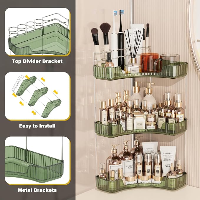 Asayuee 3-Tier Corner Bathroom Counter Organizer with Top Toothbrush Holders,Large Makeup Organizer Countertop with Brush Holder,Skincare Organizers Corner,Exquisite Vanity Organizer (Green, 3 Tier)