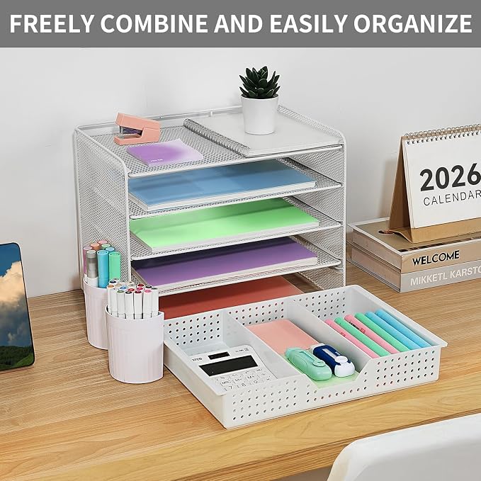 LEKETREE Desk Organizer and Accessories, 5-Tier Paper Letter Tray Organizer with Drawer & 2 Pen Holders for Desktop File Organization, Office Desk Accessories for Supplies Storage (White)