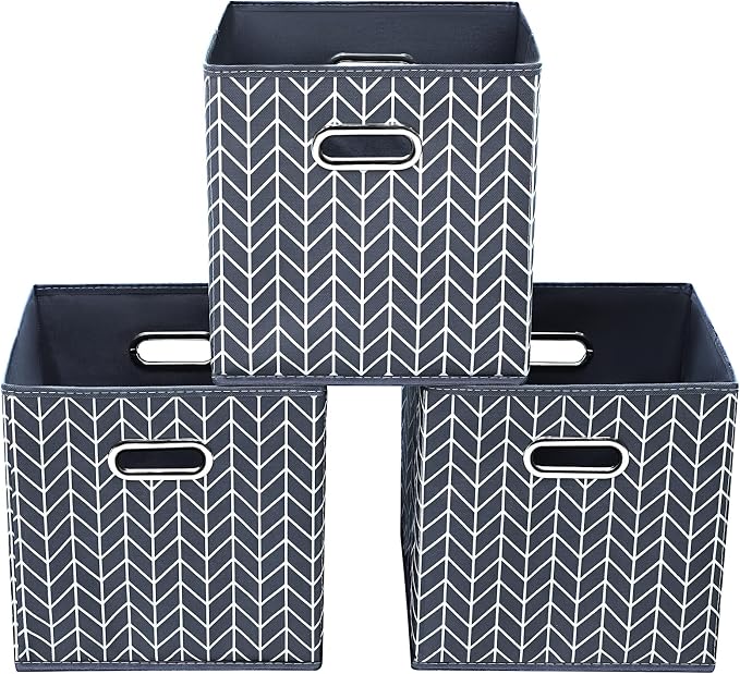 11 Inch Cube Storage Bins , Fabric Cube Organizer Bins with Handle, Foldable Cube Bins for Cloth or Accessary Storage, 11x11x11 Set of 3 (Gray Wave)