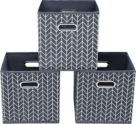 11 Inch Cube Storage Bins , Fabric Cube Organizer Bins with Handle, Foldable Cube Bins for Cloth or Accessary Storage, 11x11x11 Set of 3 (Gray Wave)
