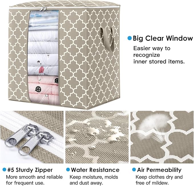 WISELIFE Storage Bags 8 Pack/100L Large Blanket Clothes Organization and Storage Containers for Comforters,Bedding, Foldable Organizer with Reinforced Handle, Clear Window, Sturdy Zippers,Beige