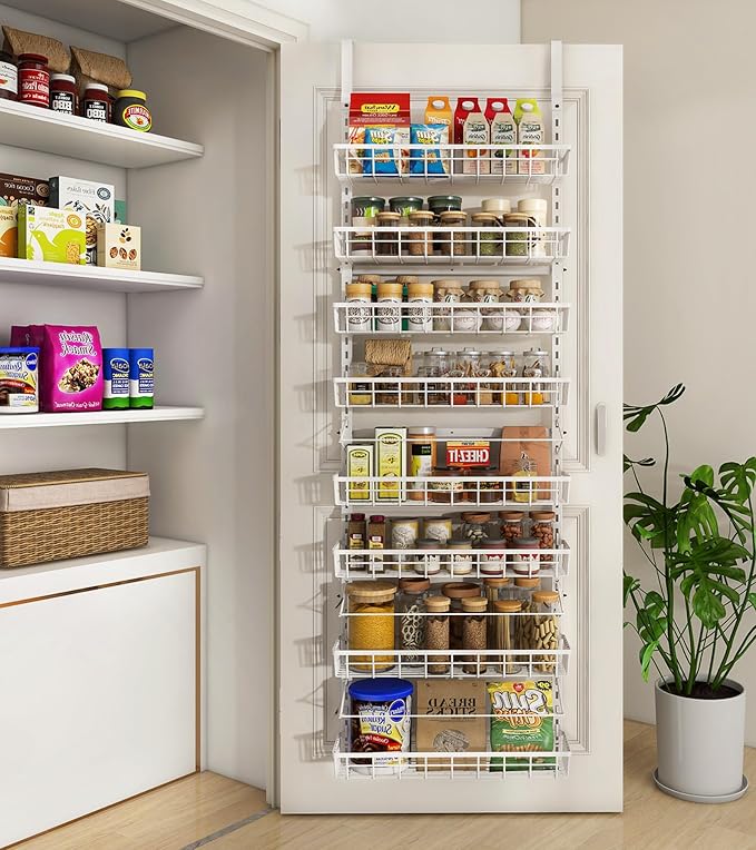 Mefirt Over The Door Pantry Organizer, Wall Mount Spice Rack 8-Tier White | Pantry Hanging Storage and Organization, Adjustable Baskets Heavy-Duty Metal for Home & Kitchen, Back of Door Seasoning Rack
