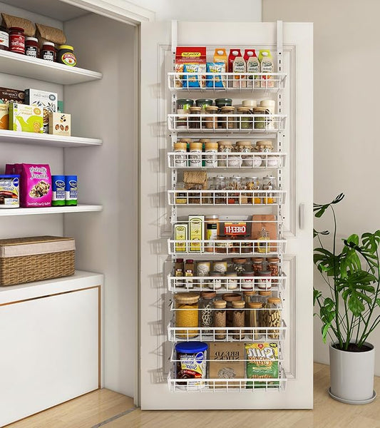 Mefirt Over The Door Pantry Organizer, Wall Mount Spice Rack 8-Tier White | Pantry Hanging Storage and Organization, Adjustable Baskets Heavy-Duty Metal for Home & Kitchen, Back of Door Seasoning Rack