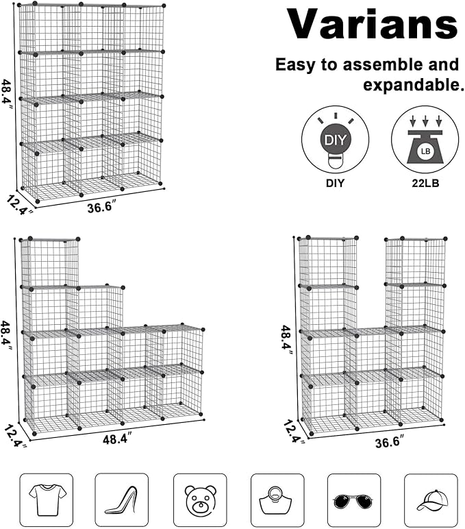 C&AHOME Wire Cube Storage, 12 - Cube Organizer Metal C Grids, Silver Gray | Modular Shelves Units Storage Bins Shelving Bookshelf Shelf Cabinet
