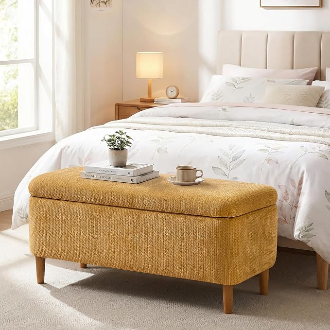 39.4" Ottoman with Storage Upholstered Storage Bench for Living Room | Modern Fabric End of Bed Bench Footstool with Wooden Legs Ottoman Bench for Window Hallway Entryway Bedroom Yellow