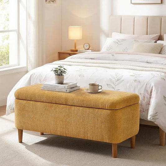 39.4" Ottoman with Storage Upholstered Storage Bench for Living Room | Modern Fabric End of Bed Bench Footstool with Wooden Legs Ottoman Bench for Window Hallway Entryway Bedroom Yellow
