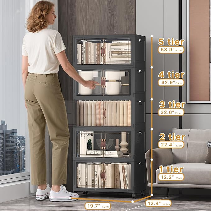 Stackable Storage Bins with Lids, 260QT Closet Organizers and Storage Cabinet with Doors & Wheels, Lockable Plastic Foldable Drawers for Bedroom Dorm Office Garage（52QT*5,Black）